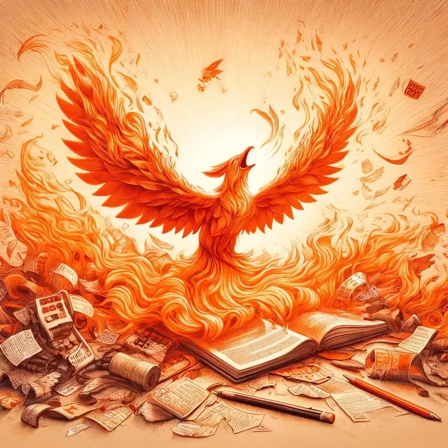 A fiery phoenix emerging from the ashes of old records and scattered notes - FreeImagesAI